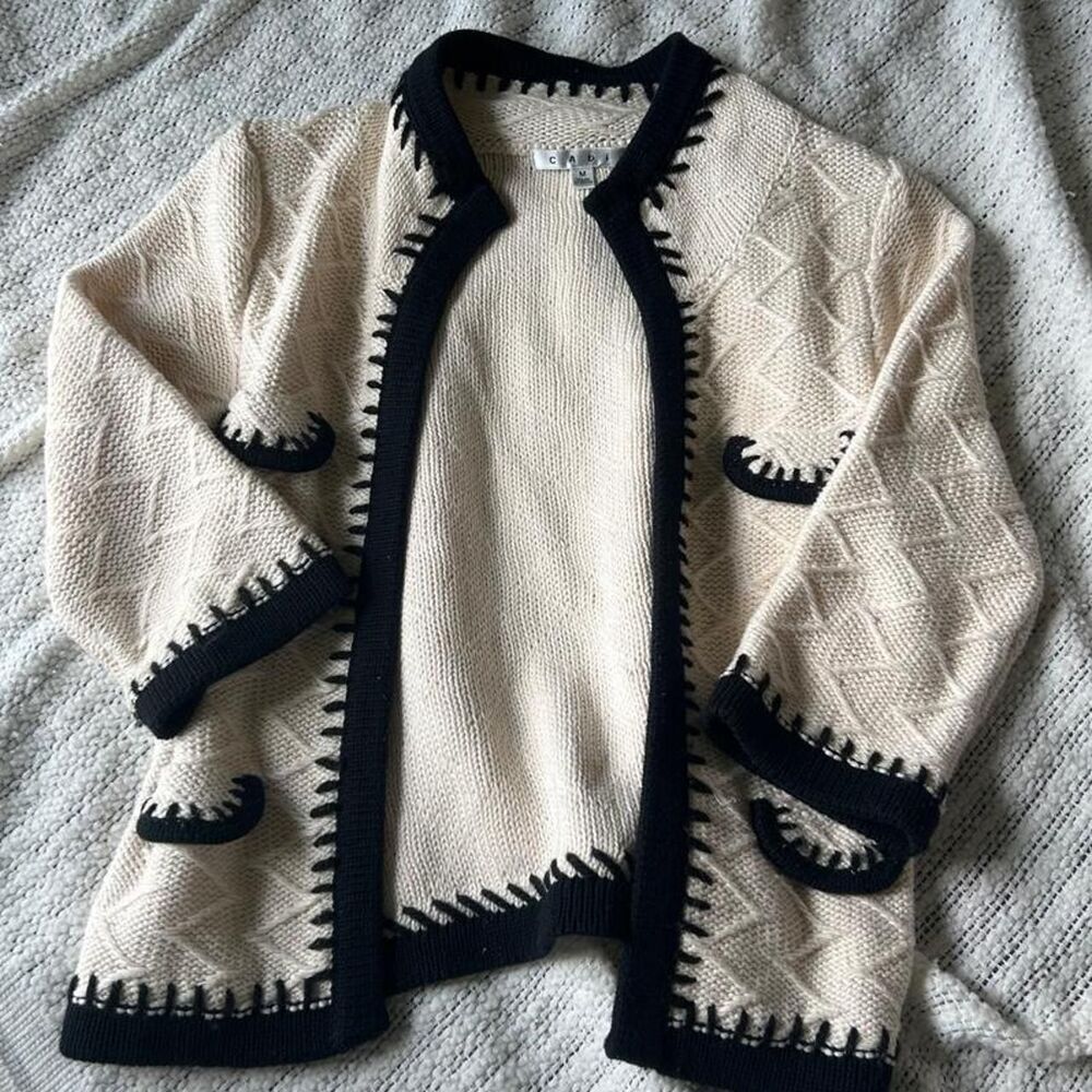 CAbi Black & Cream 100% Cotton Mock Neck Cardigan Sweater - Medium